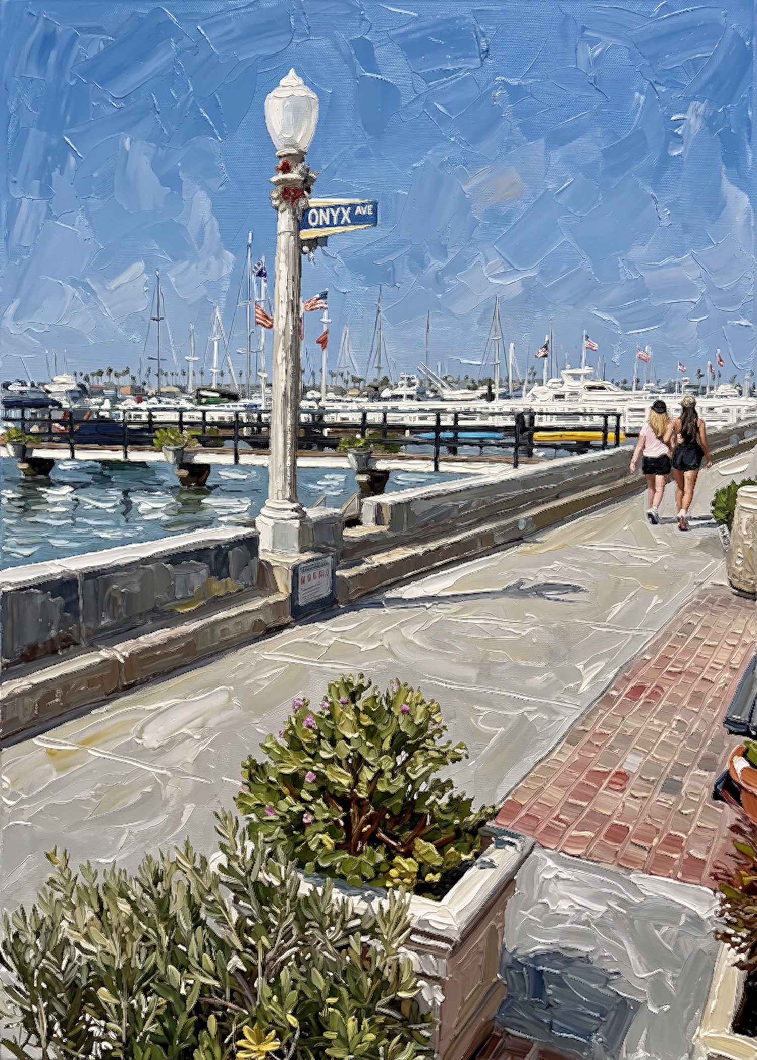 The South Bay Front boardwalk at Onyx Avenue, lamppost and the harbor beyond